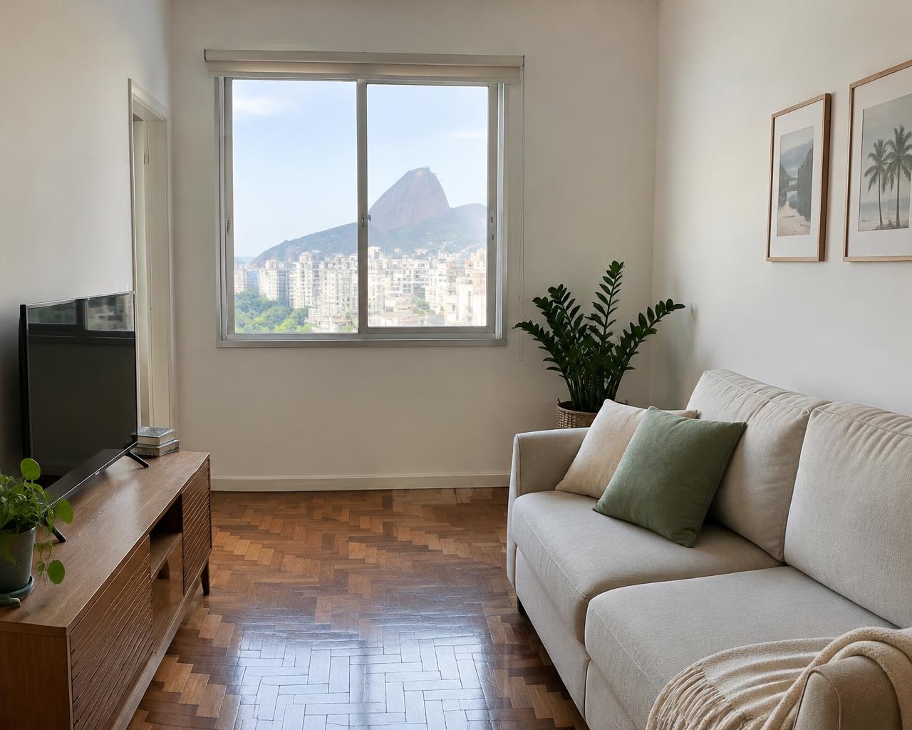 Sala de apartamento pequeno recém-pintada com paredes claras e vista para o Pão de Açúcar